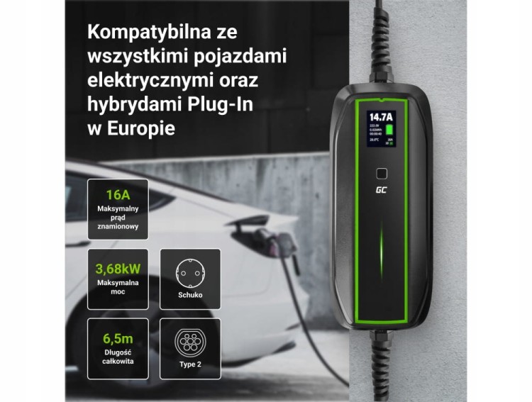 Green Cell EV16 Ładowarka mobilna 3.6kW 6.5 metra schuko do hybryd i EV