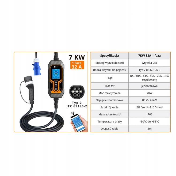 Ładowarka EV Feyree mobilna 7kW /kabel 5M/ RCD-B / Plug&Play / APP / 8-32A